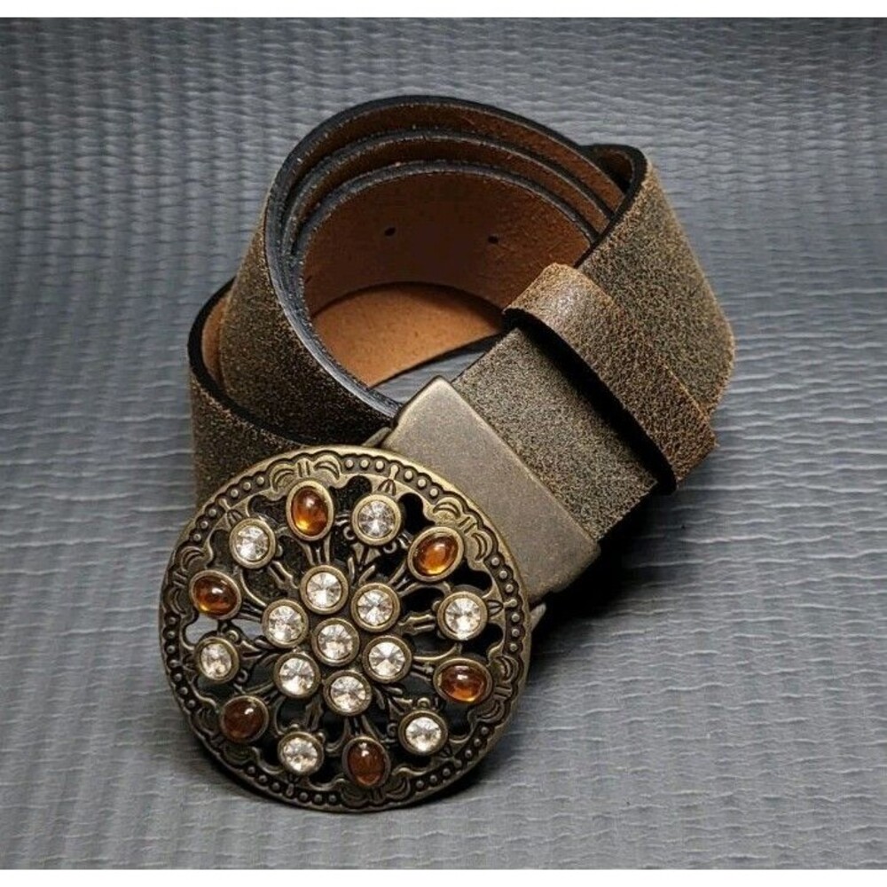 Fabio Corti 100% Brown Leather Floral Buckle Belt Size Large